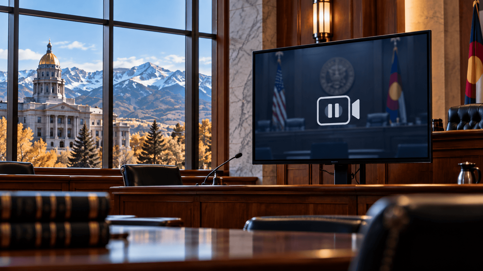 Colorado courtroom and virtual-hearing imagery illustrating the temporary criminal-court livestream pause